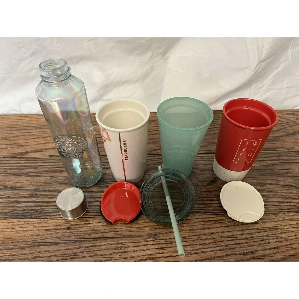 Lot of STARBUCKS Cups‎ - Joyful, Iridescent Glass, Frosted Green, Floral Poppies